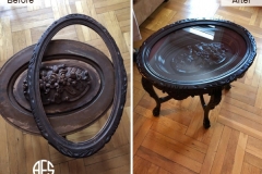 Antique-Oval-Round-Crafted-curved-wooden-side-end-table-peeling-flaking-repair-refinishing-stain-frame-glass-top